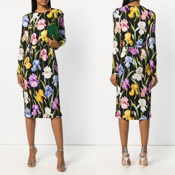 Dolce & Gabbana Iris Print Stretch Silk Midi Dress 38 2 - Picture 3 of 16